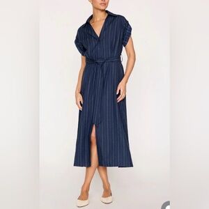 Brochu Walker Navy Pinstripe Dress with belt and cuff sleeve